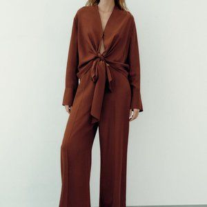 NWT ZARA MULTI-POSITIONAL ASYMMETRIC BLOUSE & FLOWY PANTS SET S $140